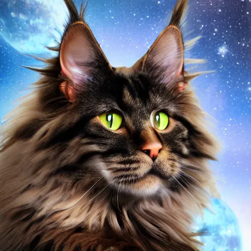 Prompt: Maine Coon cat in space. Photorealistic. 8k.