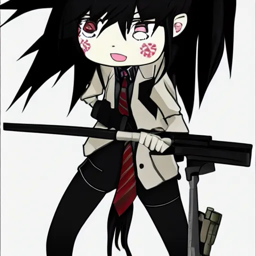 Image similar to mukuro ikusaba from danganronpa holding a gun, clean lines