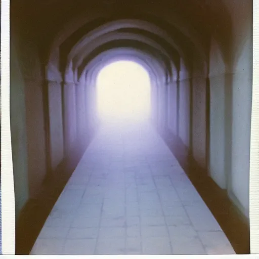 Image similar to Beautiful Fuzzy Polaroid Photograph of an tiled infinite foggy liminal pool hallway with archways and water on the floor