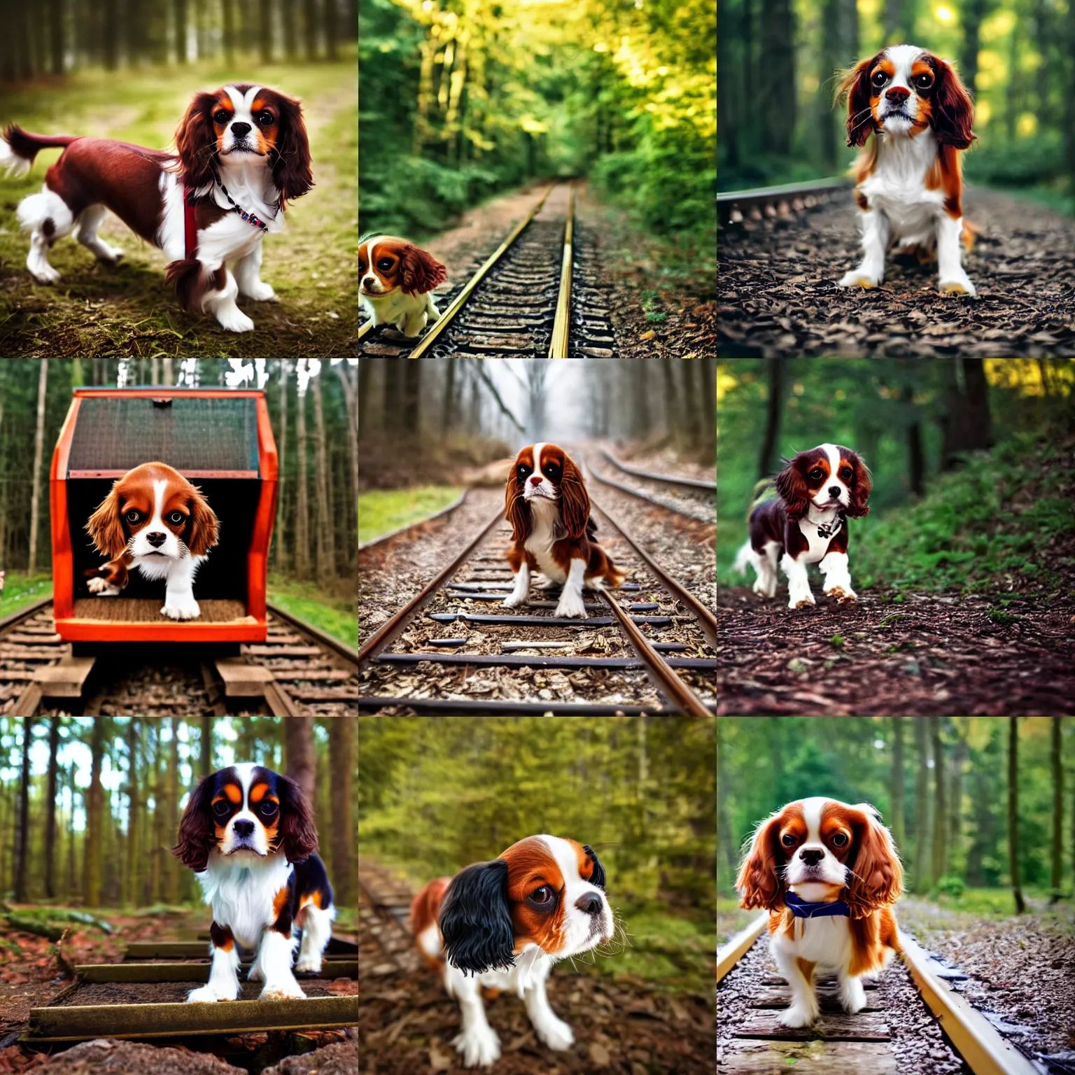 Prompt: cavalier king charles spaniel, on a forest train, high angle, tilt - shift photography