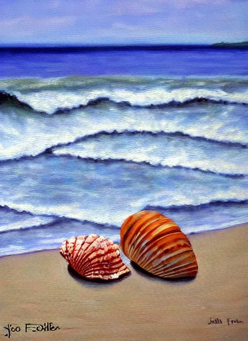 Image similar to she sells sea shells by the sea shore; painting by John foster.