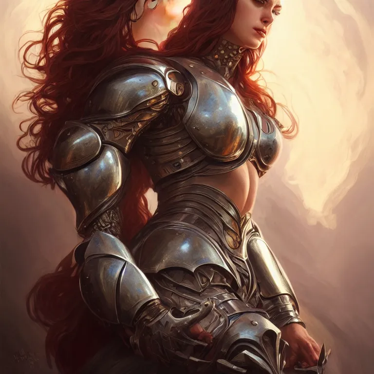 Image similar to Muscular and powerful medieval knight woman portrait, sci-fi, amber eyes, face, long hair, fantasy, intricate, elegant, highly detailed, digital painting, artstation, concept art, smooth, sharp focus, illustration, art by artgerm and greg rutkowski and alphonse mucha