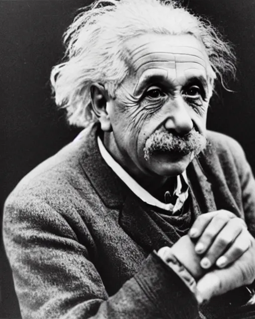 Image similar to an realistic photo of Albert Einstein holding a hand with 7 finders