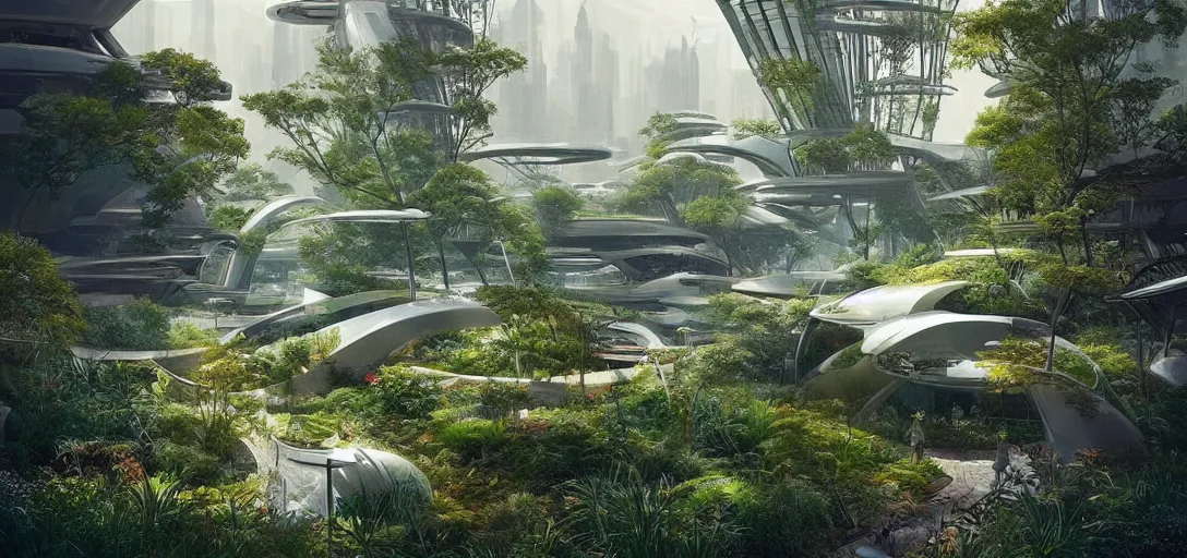 Image similar to a futuristic solarpunk garden, designed by jørn utzon, sci - fi, digital art by paul chadeisson