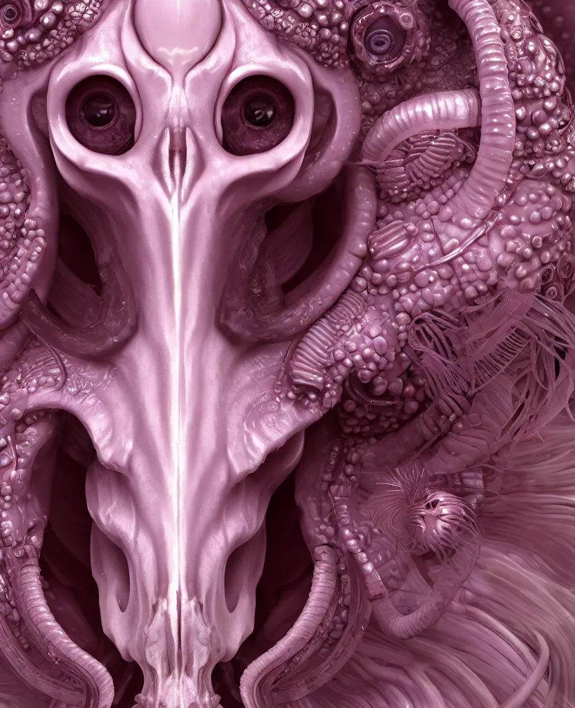 Image similar to goddess princess face close-up portrait ram skull. hard surface modelling zbrush and octane render. jellyfish phoenix head, nautilus, orchid, skull, betta fish, bioluminiscent creatures, intricate artwork by Tooth Wu and wlop and beeple. octane render, trending on artstation, greg rutkowski very coherent symmetrical artwork. cinematic, hyper realism, high detail, octane render, 8k