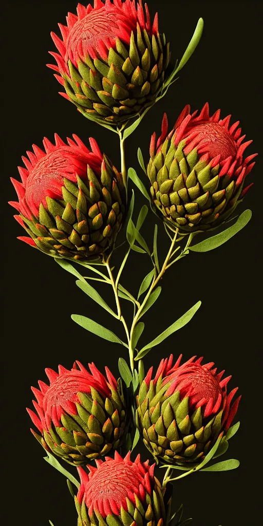 Image similar to detailed king proteas and pincushions against a black backdrop by thomas cole, artstation