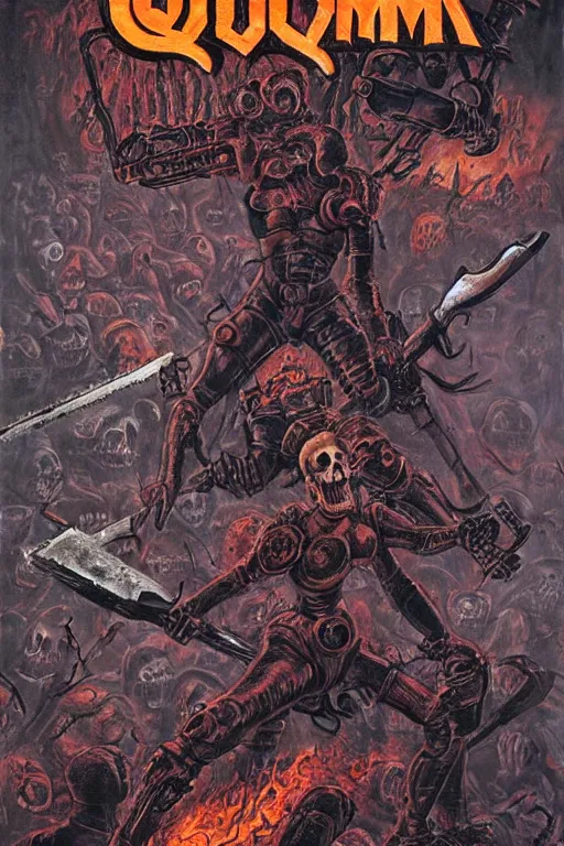 Prompt: Queen Elizabeth 2 with a chainsaw in her hands fights with an army of skeletons in hell, in the style of the cover of the 2 part of doom,