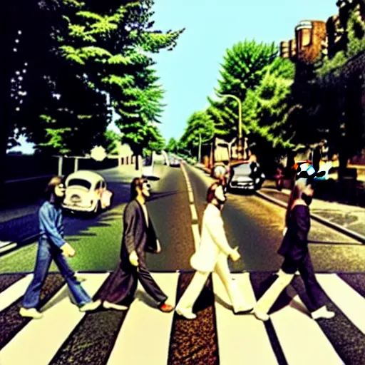 Image similar to an alternative cover of the famous Abbey Road album by the Beatles, hyper detailed