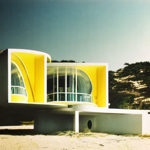 Prompt: architecture ad for a shell mid-century modern house by the beach designed by Zaha Hadid. Film grain, cinematic, colorized, yellow hue.