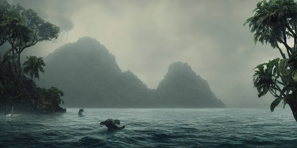 Prompt: screenshot from a movie, scull island, epic matte painting of a misty jungle island on choppy seas, cinematic cinematography masterpiece, skull, greg rutkowski, and ivan aivazovski, roger deakins
