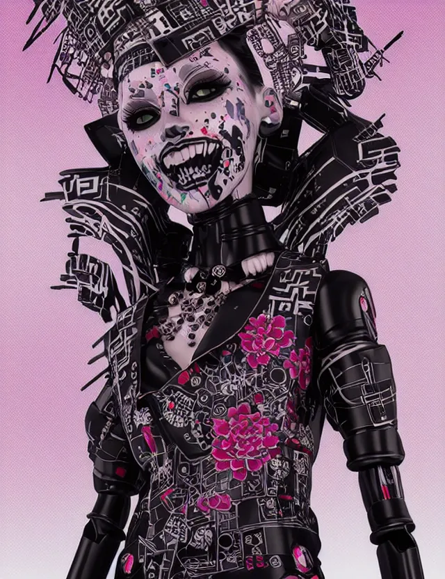 Image similar to full body portrait of a gothic style punk geisha robot with kanji tattoos and decals wearing a digital pixelated kimono, intricate design, photo - realistic, octane render, dark colour palette, ultra fine detailed, character design, trending on artstation