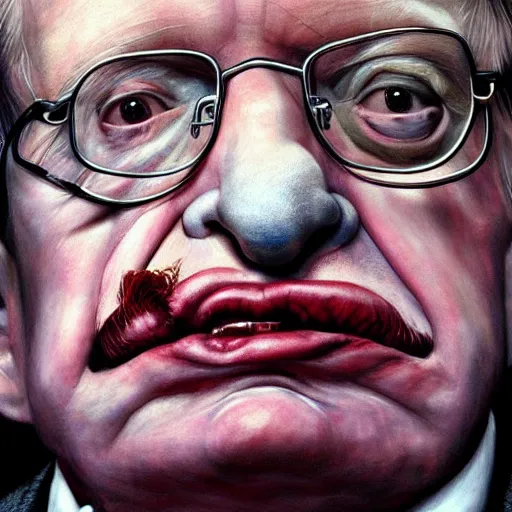 Prompt: UHD hyperrealism painting of closeup of Stephen Hawking wearing clown makeup, by Antonio Caparo and Ferdinand Knab and Greg Rutkowski, UHD, photorealistic, trending on artstation, trending on deviantart, correct face, real clown makeup