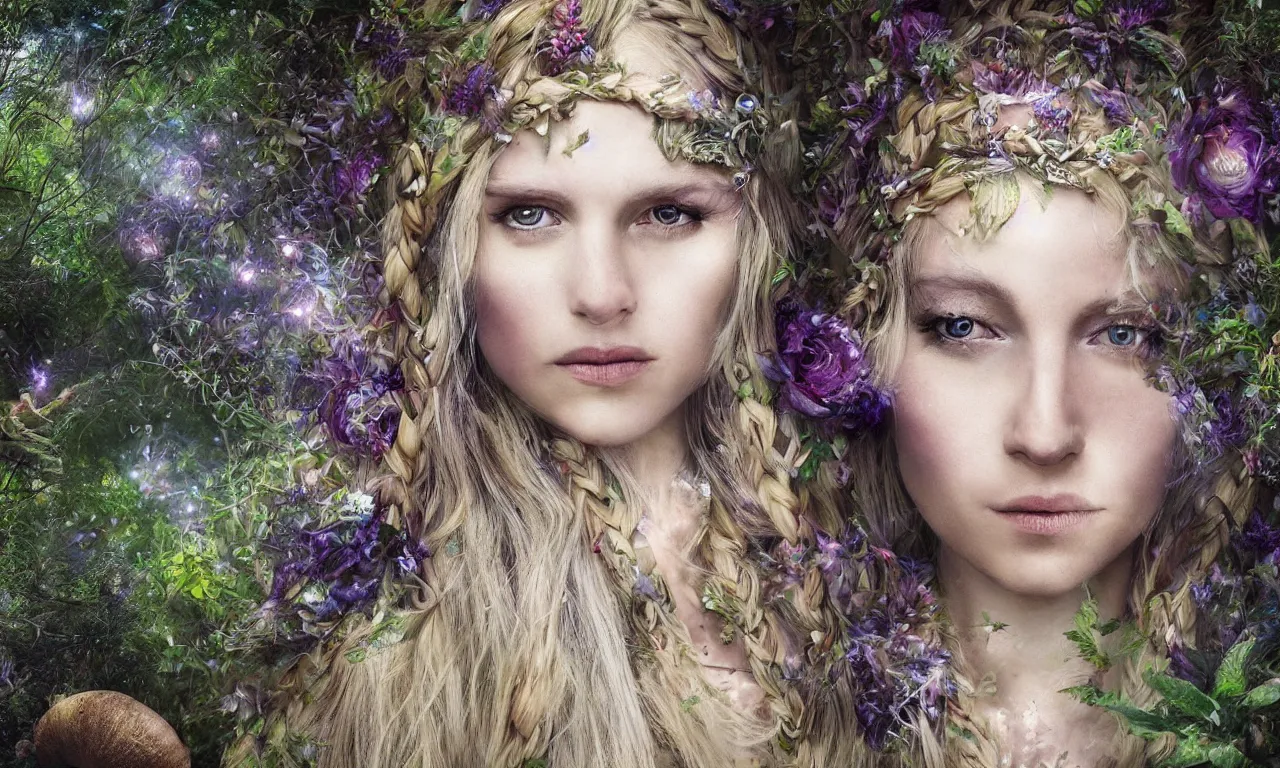 Prompt: beautiful blonde woman with plaits, forest fae, psychedelic mushrooms, magic, mystical, white witch, photorealistic, portrait, sacred geometry