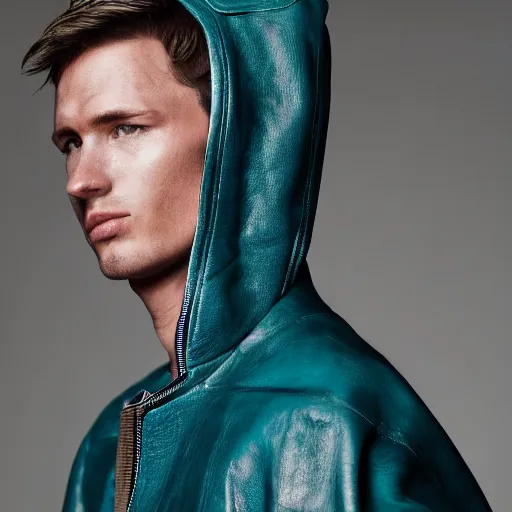 Prompt: an award - winning cropped editorial photo of a male model wearing a teal distressed baggy medieval leather menswear jacket by alexander mcqueen, 4 k, studio lighting, wide angle lens
