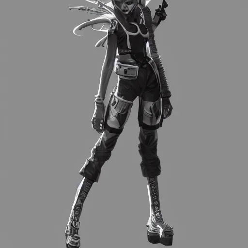 Image similar to RPG character concept art, cyberpunk furry, in the style of Leticia Gillett Hiroya Oku Riyoko Ikeda, 3d render, artstation trending, 8k, octane render, photorealistic, sharp detail, manga, black and white