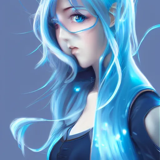 Image similar to high school girl split dimensions, azure blue eyes, silver hair, digital anime art, made by, artgerm and rossdraws, trending on artstation