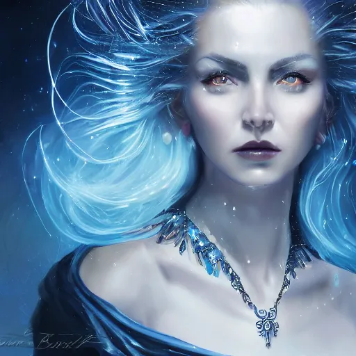Prompt: masterpiece portrait of an aesthetic mage woman, ice spell, 3 0 years old woman, black dynamic hair, wearing silver diadem with blue gems inlays, silver necklace, painting by joachim bergauer and magali villeneuve, atmospheric effects, chaotic blue sparks dynamics in the background, intricate, artstation, fantasy