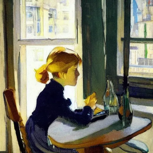 Image similar to a girl with iphones on a table sits at a table in a sunny room, the window is open, by valentin serov