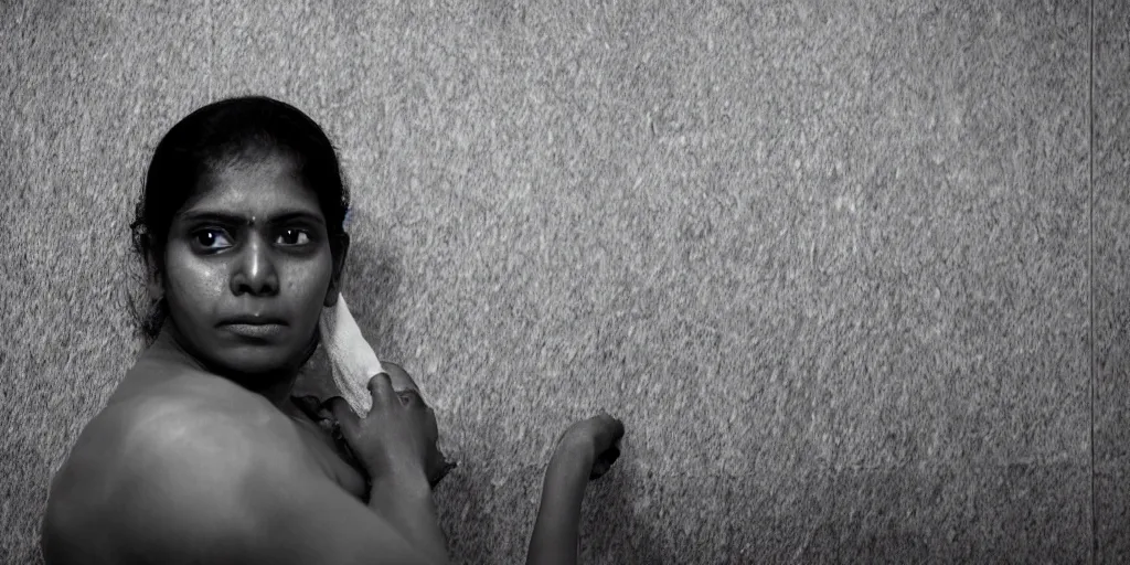 Prompt: sri lankan woman in the bathroom, wearing a towel, film still, thriller movie style