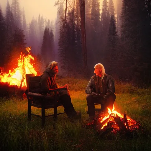 Image similar to closeup photo of stalker and witcher sitting near campfire, by marc adamus, beautiful dramatic lighting