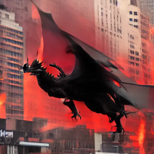 Image similar to a black dragon with red eyes, firing on new york city,