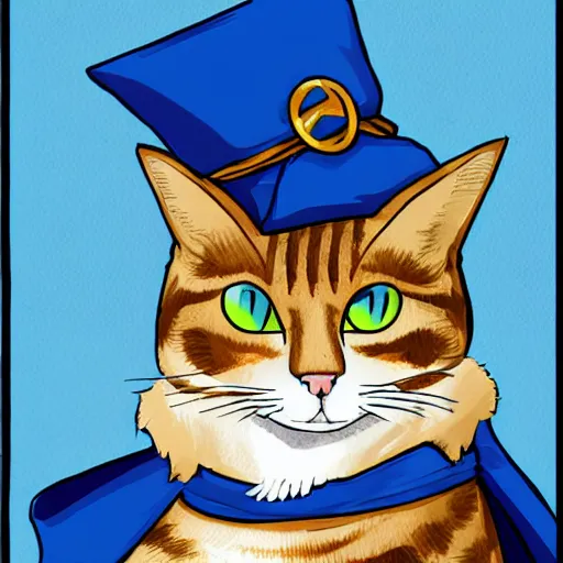 Image similar to a cat wizard wearing blue robes in the style of arcane