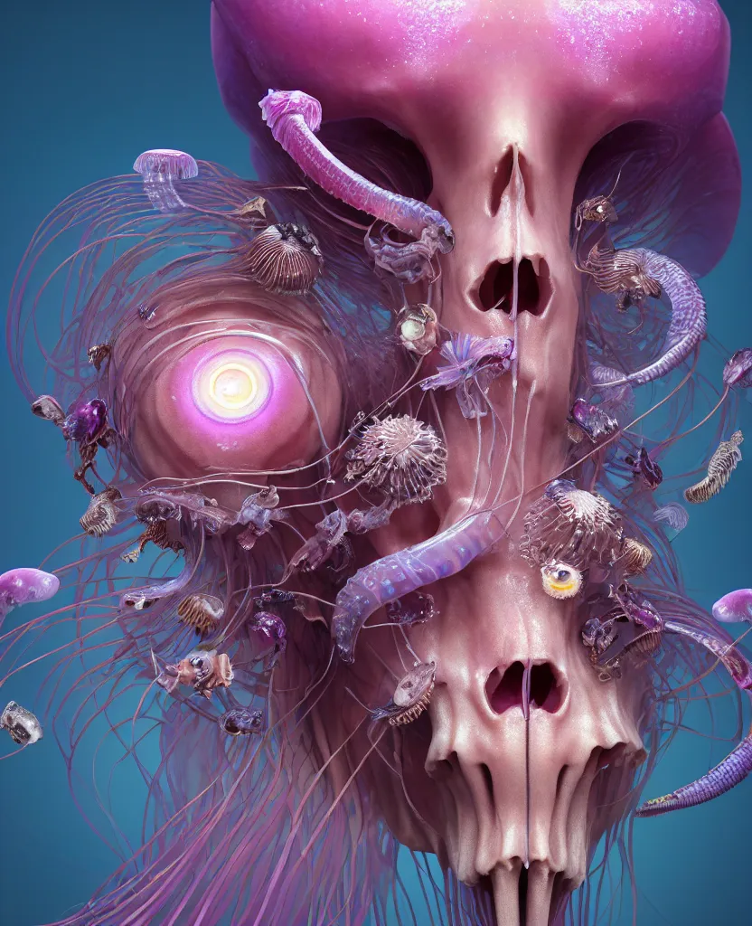 Image similar to goddess princess face close-up portrait ram skull. jellyfish phoenix head, nautilus, orchid, skull, betta fish, bioluminiscent creatures, intricate artwork by Tooth Wu and wlop and beeple. octane render, trending on artstation, greg rutkowski very coherent symmetrical artwork. cinematic, hyper realism, high detail, octane render, 8k