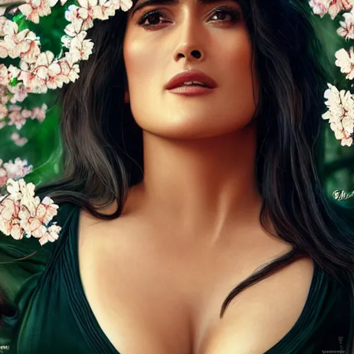 Image similar to photo of salma hayek in the style of stefan kostic, realistic, body shot, sharp focus, 8 k high definition, insanely detailed, intricate, elegant, art by stanley lau and artgerm, cherry blossoms