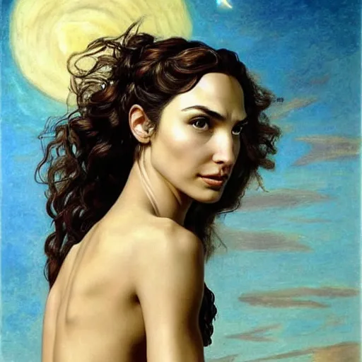 Image similar to Full body oil painting of the beautiful goddess Gal Gadot as Venus, she is wearing roman clothes and a surreal jewelry, her hair is natural disheveled, she is approaching heaven over the clouds, naturalism, dramatic lighting, high-detailed oil painting by Ilya Repin, Michelangelo da Caravaggio, William Blake, Alex Grey and Beksinski, trending on Artsation, hystorical painting, naturalism, masterpiece, 4k, 8k,