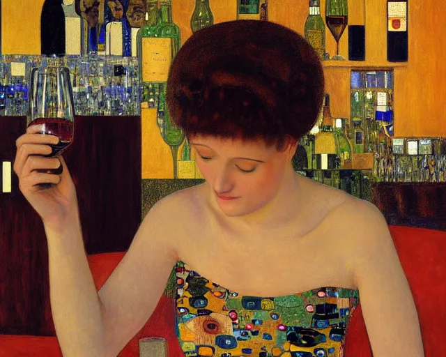 Prompt: portrait of woman with glass of wine sitting in bar, digital painting, aesthetic, smooth, sharp focus, highly detailed painting by gustav klimt, 8 k