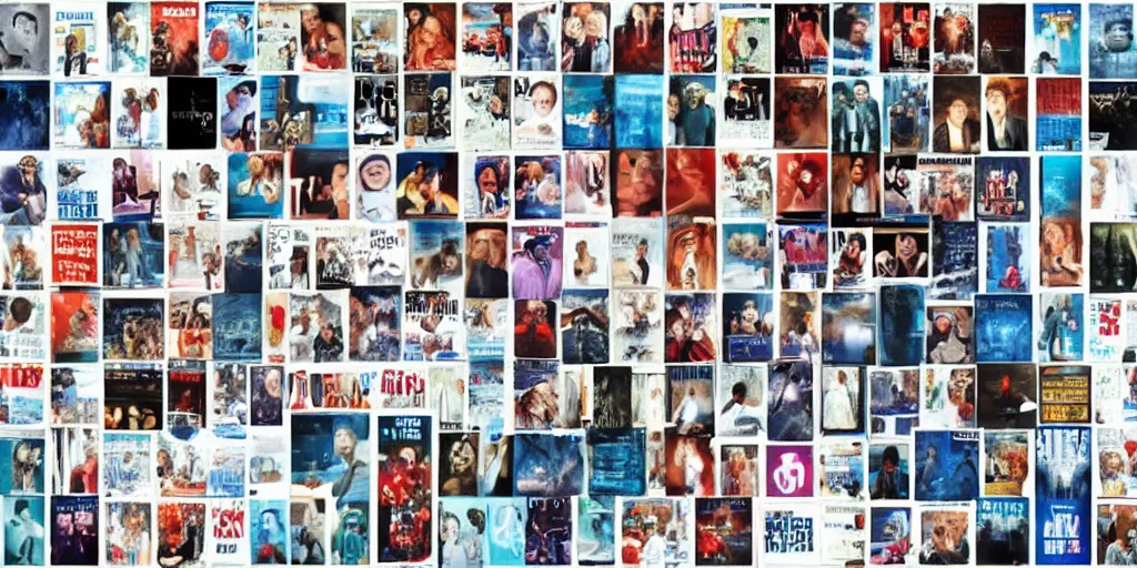 Prompt: collage of tv show posters on a white wall, with blue overtones