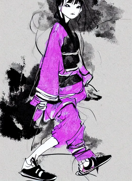 Prompt: ! dream a black and white rough sketch with slight purple tones of a girl wearing traditional clothing of a japanese miko in the harajuku style wearing yeezy 5 0 0 sneakers