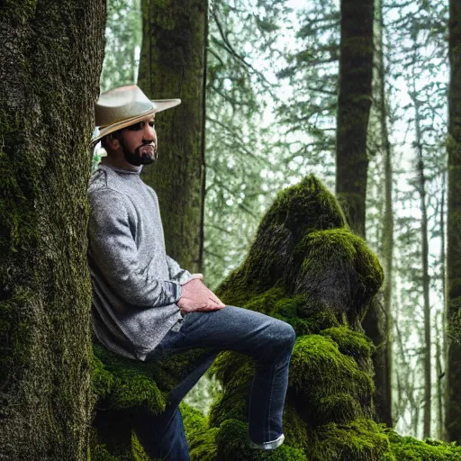 Image similar to portrait of a man with hat made of moss, 4k, full shot, high details, natural light, Forrest in background