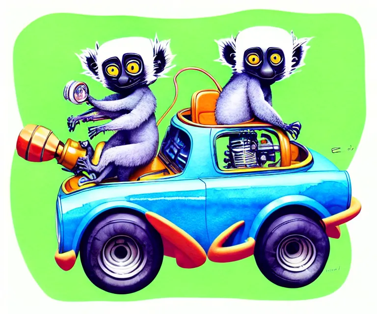 Image similar to cute and funny, lemur wearing a helmet riding in a tiny hot rod with oversized engine, ratfink style by ed roth, centered award winning watercolor pen illustration, isometric illustration by chihiro iwasaki, edited by beeple, tiny details by artgerm, symmetrically isometrically centered