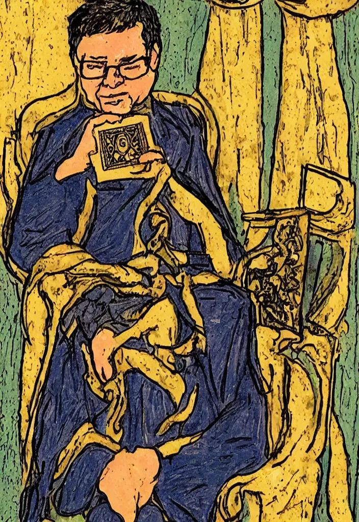 Image similar to Yann LeCun sitting on the throne on a tarot card, illustrated on the Rider–Waite tarot.