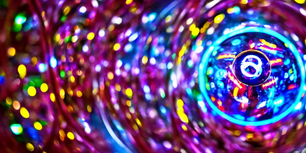 Image similar to ”close-up of a chrome pinball ball coming out of a ramp on high speed”, [neon glow, colorful, blur, bloom, zoomed, photography, bokeh]”