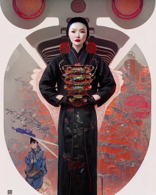 Image similar to portrait of a chinese cyberpunk machine, machine face, robed, upper half portrait, decorated with chinese opera motifs regal asian machine robot cyberpunk fine china, wuxia, traditional chinese art intricate intense elegant highly detailed digital painting artstation concept art smooth sharp focus illustration, art by artgerm and greg rutkowski alphonse mucha 8 k