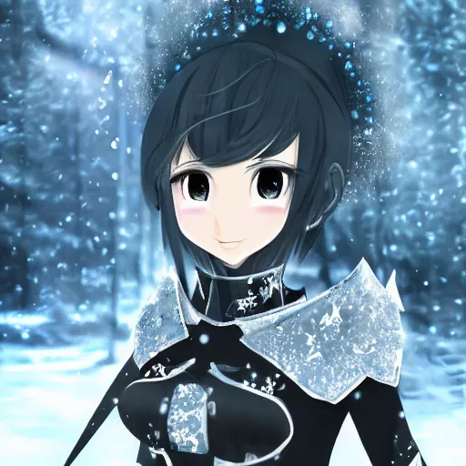 Prompt: portrait focus of knight beautiful 3D anime girl, silver Frozen ice armor wearing, dark forest background, snowing, bokeh, inspired by Masami Kurumada, digital painting, high contrast, unreal engine render, volumetric lighting, high détail