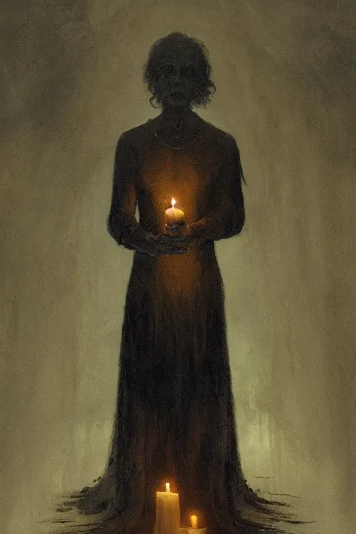 Image similar to Spirit holding a candle in the middle of the room, horror, illustrated by Greg Rutkowski and Caspar David Friedrich., Trending on artstation, artstationHD, artstationHQ, 4k, 8k