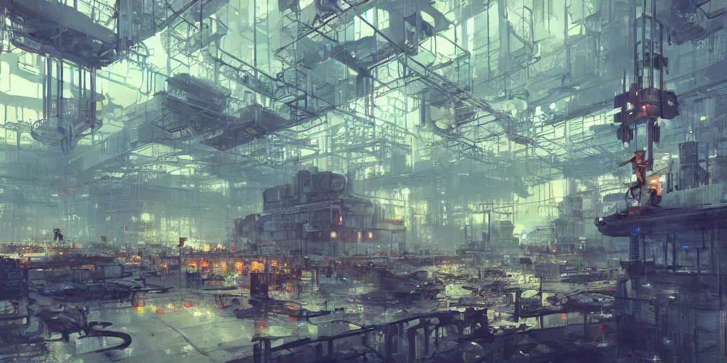 Image similar to concept art of a factory filled with drone and robot workers, grimy, gritty, blade runner 2 0 4 9, trending on artstation, award winning painting, cgi, art by john berkey and anton fadeev and john howe and simon stalenhag