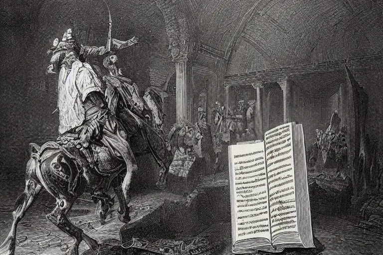 Prompt: highly detailed portrait of big open book, open book page, don quixote left the book, symmetrical, masterpiece, highly detailed painting by gustave dore