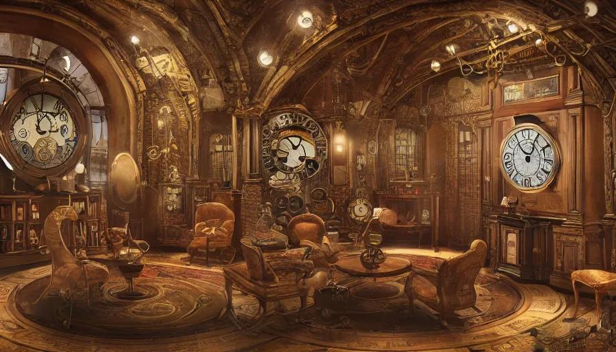 Image similar to a circular common room full of antique clocks, high detail, steampunk, fantasy, mechanical, 4 k, trending on artstation