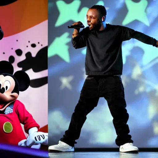 Image similar to kendrick lamar brings out goofy from mickey mouse on stage to rap