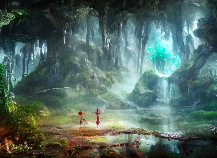 Prompt: magical enchanted elves on a humongous paradise biome, fantasy, hyper realism, wet reflections, intricate, digital art, detailed, studio shot, unreal engine 5, octane, high definition, smooth, artstation, behance