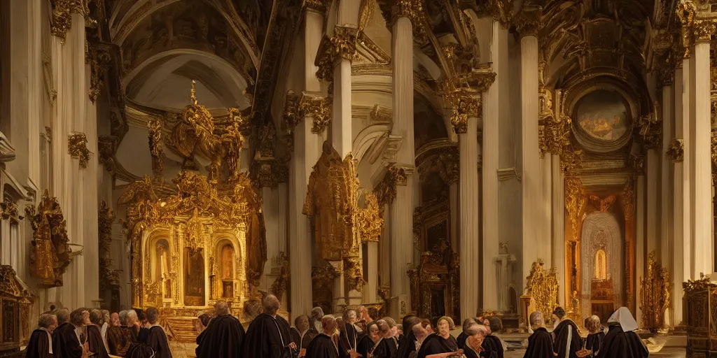 Image similar to beautiful oil matte portrait painting, priests holding a church ceremony inside a baroque cathedral, wonderful masterpiece highly detailed, beautiful cinematic light deep focus, elegant, digital painting, smooth, sharp focus, golden ratio, dramatic illumination, ultra realistic, 8 k, art by giovanni bellini and caravaggio