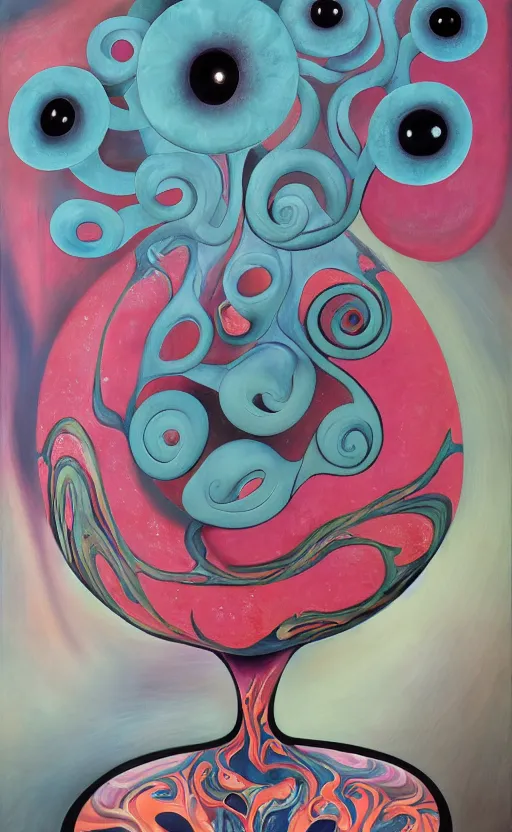 Prompt: a biomorphic painting of a vase with flowers and eyeballs in it, a surrealist painting by Bridget Bate Tichenor, by Georgia O'Keeffe, by Amanda Sage, pastel blues and pinks, featured on artstation, metaphysical painting, oil on canvas, fluid acrylic pour art, airbrush art, marbled