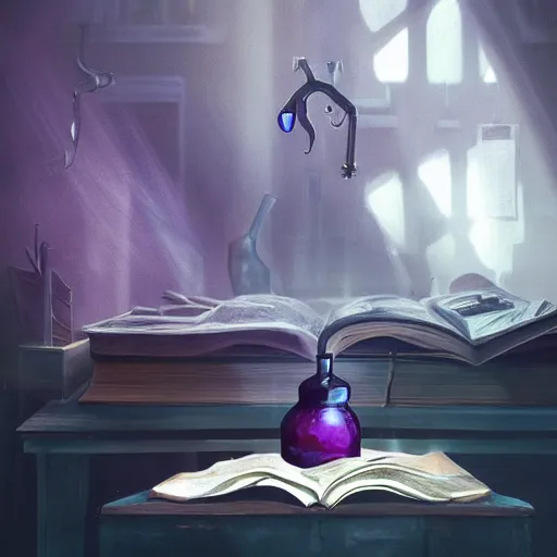 Prompt: dark purple highly poisonous potion, lit by a single ray of sunlight, on a table full of books in a dusty vintage science lab, hyperrealistic fantasy art, concept matte, ethereal, dreamy, digital art, trending on arstation, volumetric cinematic lighting