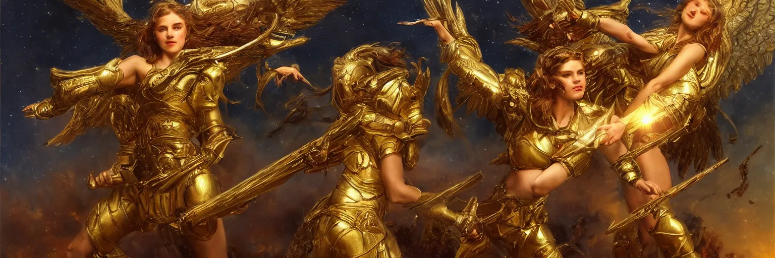 Image similar to a young girl wearing a gold armor in the night sky fighting angels, golden light in the darkness, blood, battlefield, extremely realistic and highly detailed painting by gaston bussiere and j. c. leyendecker 8 k