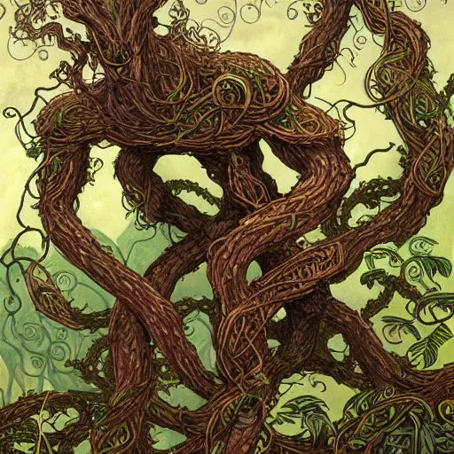 Image similar to anthropomorphic tangle of vines and plant matter. this fantasy creature guards the woods from unwary travelers. similar to a treant or forest spirit. By rebecca guay, by terese nielsen, by aaron miller, by kieran yanner. trending on artstation. 4k resolution.