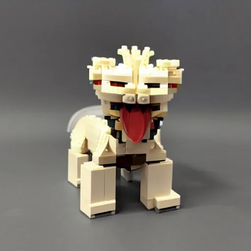 Image similar to a lego character of a anthro albino lion wearing a causal clothes